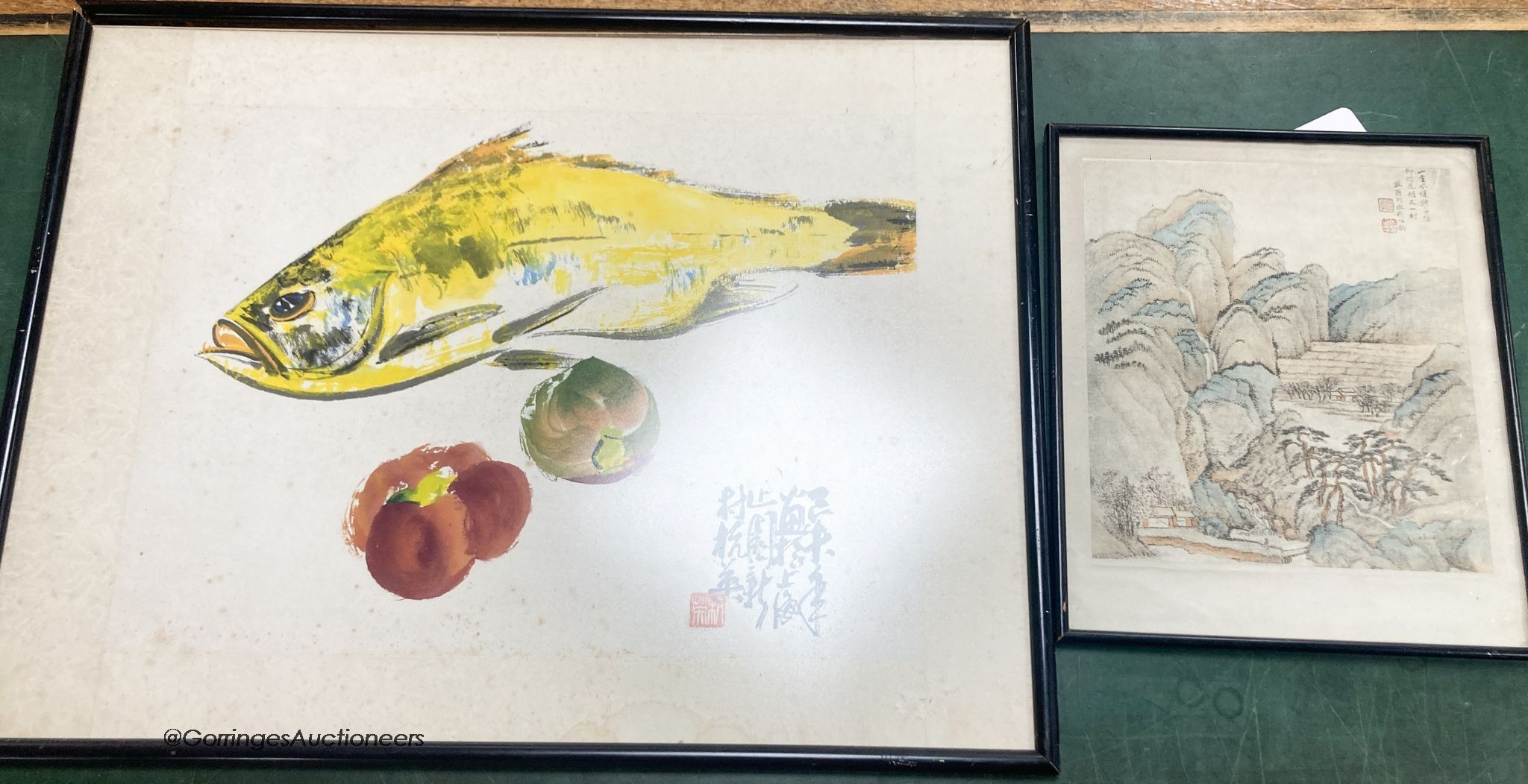 Two Chinese pictures of a fish and a landscape